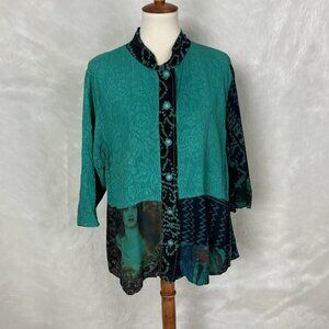 URU Mixed Print Women In Art Sea Green Blue Textured Silk Jacquard Blouse L